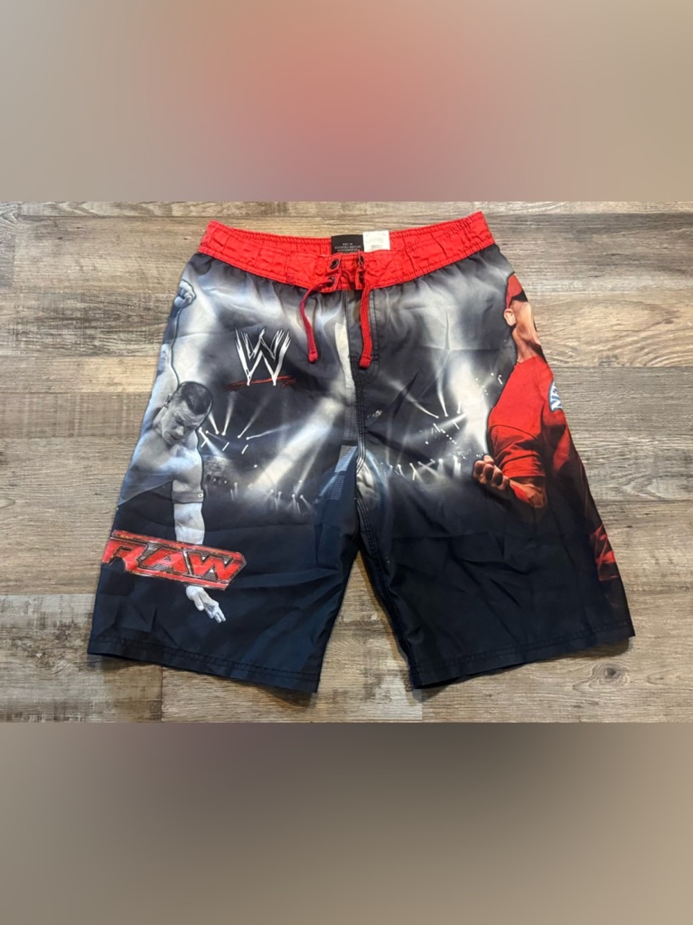 WWE Black, Gray and Red Graphic Board Shorts size Large L boys John Cena Raw